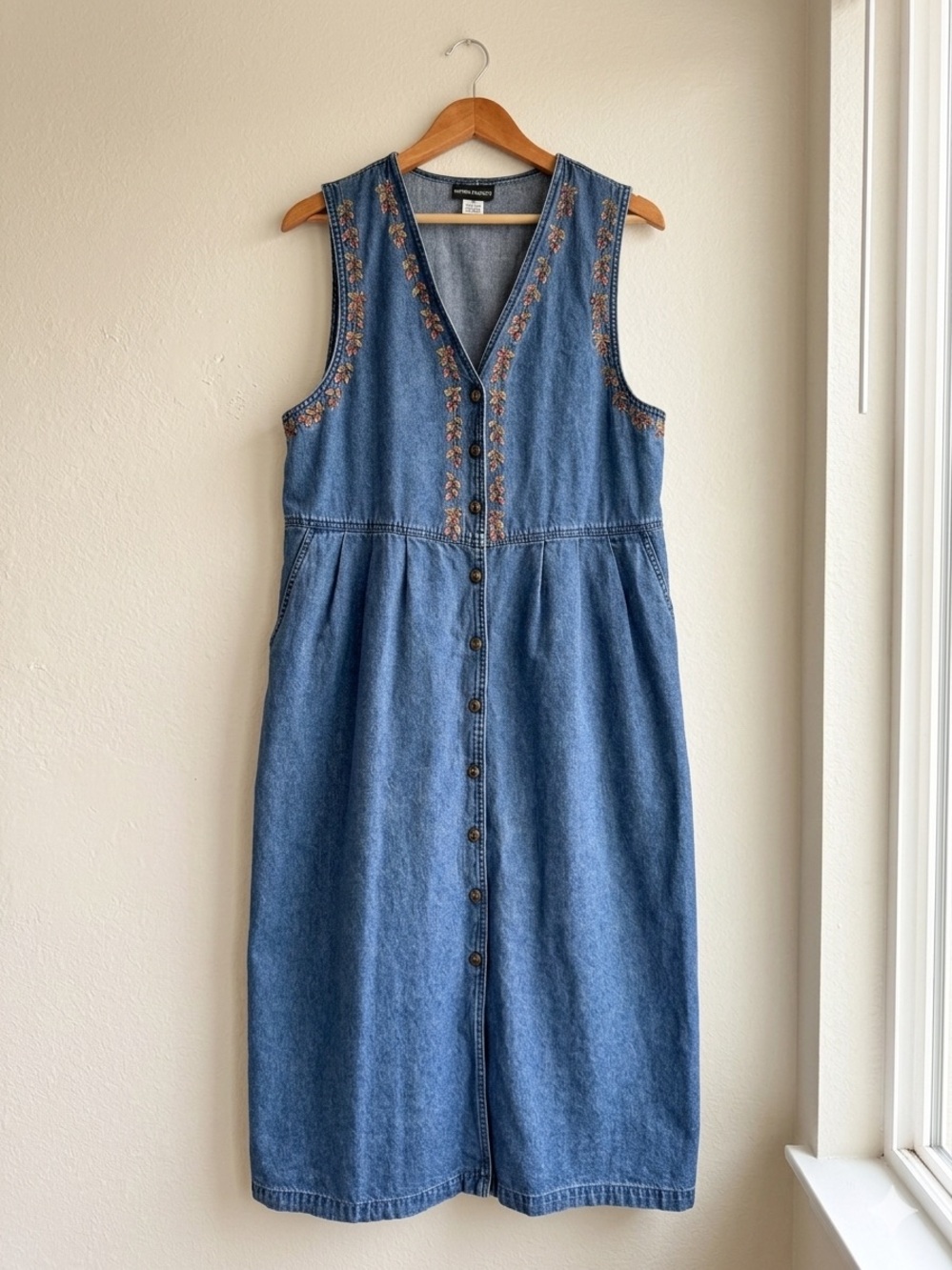 VTG 90s Denim Embroidered Button Front Midi Dress Cottagecore Boston Classics 14